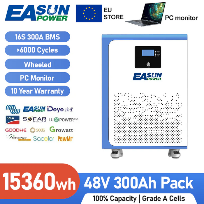 15kWh 48V 300Ah LiFePO4 Home Wall-Mounted Battery – Solar/Backup & Off-Grid | Easunpower