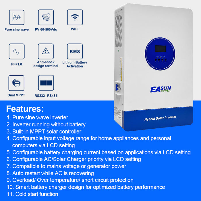 Easun 11 kW 48V 230V Hybrid Off‑Grid Inverter, Home & Commercial Energy Storage - 160 A Dual MPPT + WiFi Monitoring