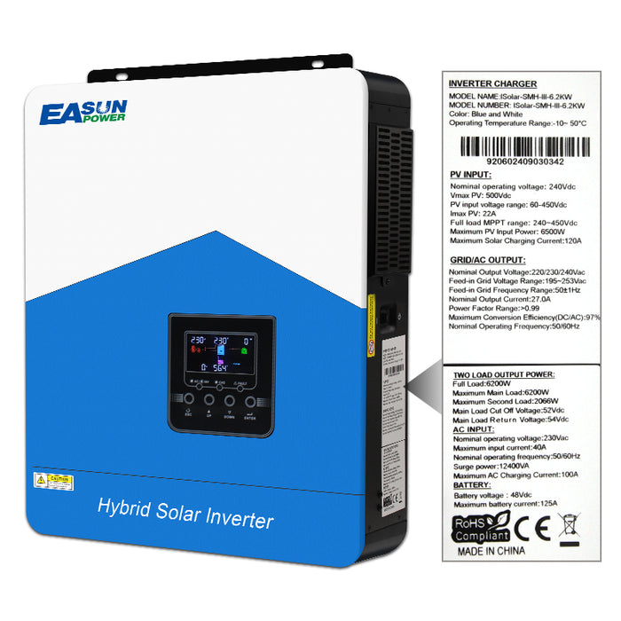 6.2KW Solar Inverter 48V Photovoltaic Hybrid Inverter 230VAC 120A MPPT Charger - Easunpower