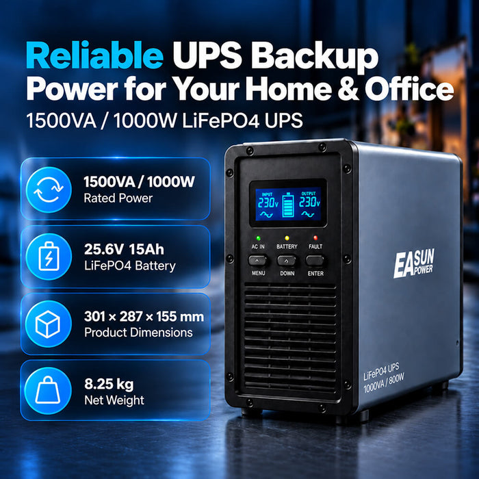 EASUN LiFePO4 UPS Battery Backup – 1000VA/800W & 1500VA/1000W Pure Sine Wave