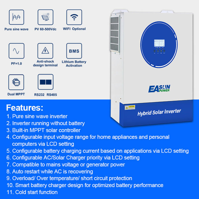 Easun 11 kW 48V 230V Hybrid Off‑Grid Inverter, Home & Commercial Energy Storage - 160 A Dual MPPT + WiFi Monitoring